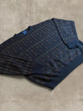 Vintage Towncraft Geometric Knit Sweater Mens XL Tall Blue Brown Acrylic